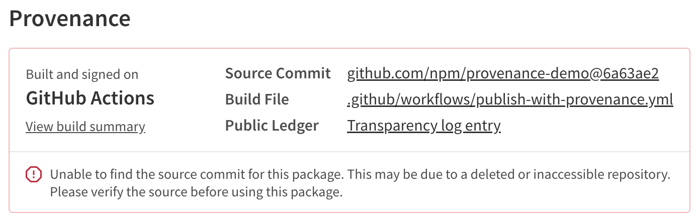 Screenshot showing a warning when the provenance source commit or repository cannot be found.